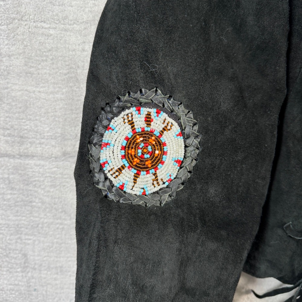 Canadian Leather Creations Jacket Womens XL Black Suede Fringe Beaded Western - Picture 2 of 13